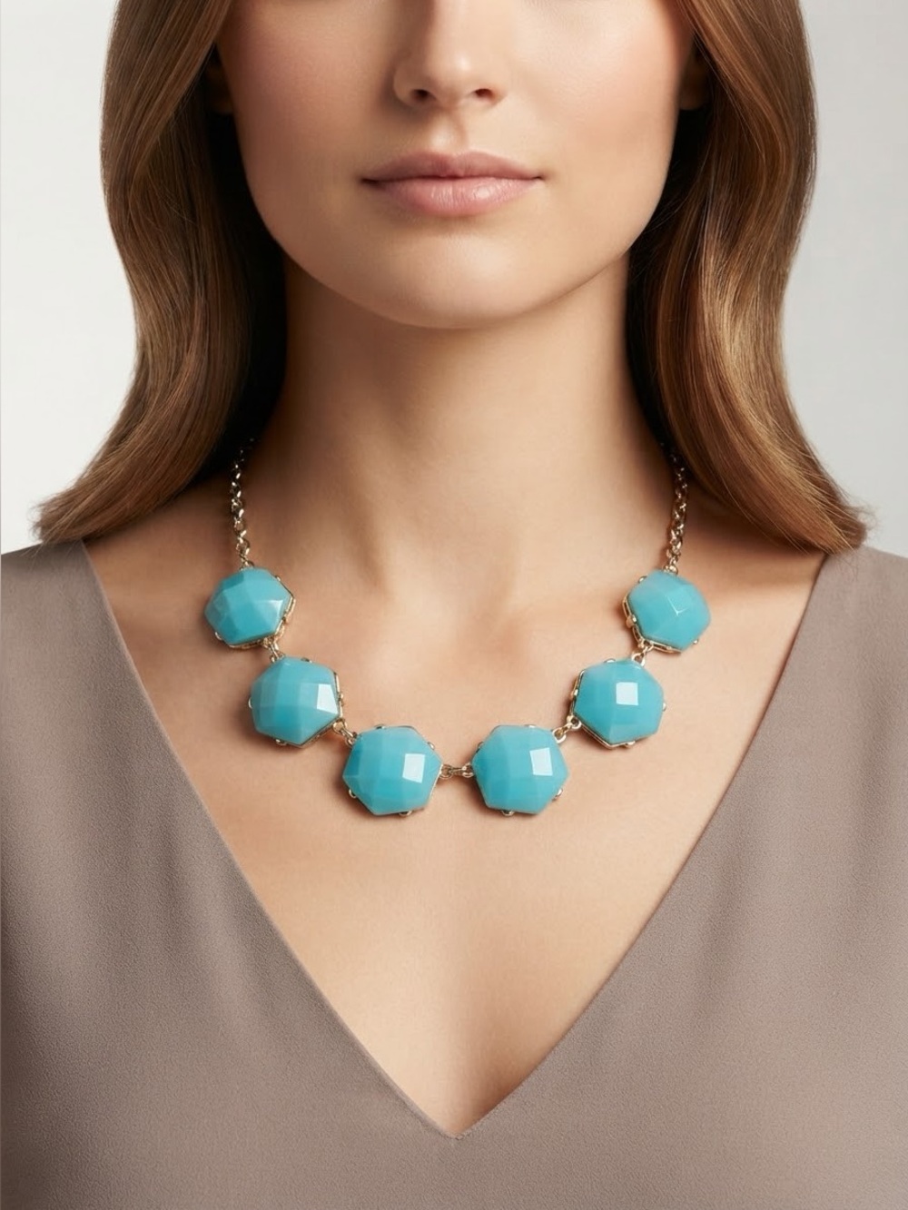 Teal Turquoise Statement Bib Necklace | Gold Tone Geometric Resin Stones